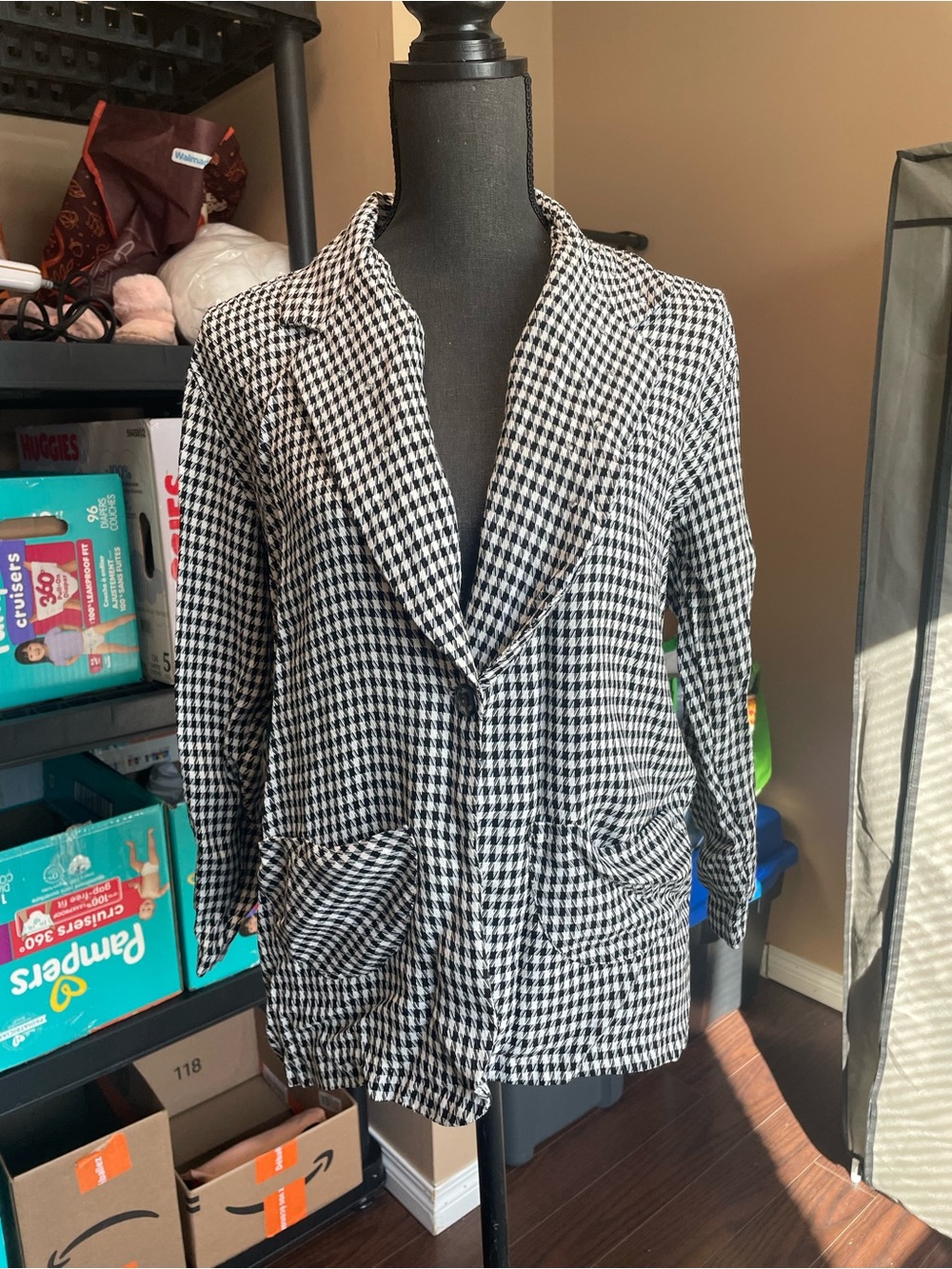 Classic Black & White Houndstooth Blazer Jacket